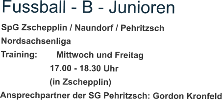 Fussball - B - Junioren SpG Zschepplin / Naundorf / Pehritzsch Nordsachsenliga Training: 	Mittwoch und Freitag 17.00 - 18.30 Uhr (in Zschepplin) Ansprechpartner der SG Pehritzsch: Gordon Kronfeld